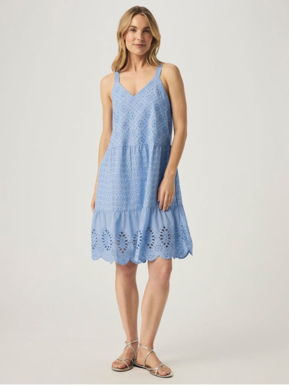 Splendid Napa Eyelet Cotton Scalloped Cottagecore Chic Mini Dress Steel Blue‎ S